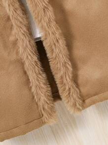 SHEIN Tween Girl 1pc Fuzzy Trim Open Front Overcoat - Khaki - View 3