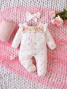 Baby Girl Floral Print Ruffle Trim Jumpsuit & Headband - White - View 1