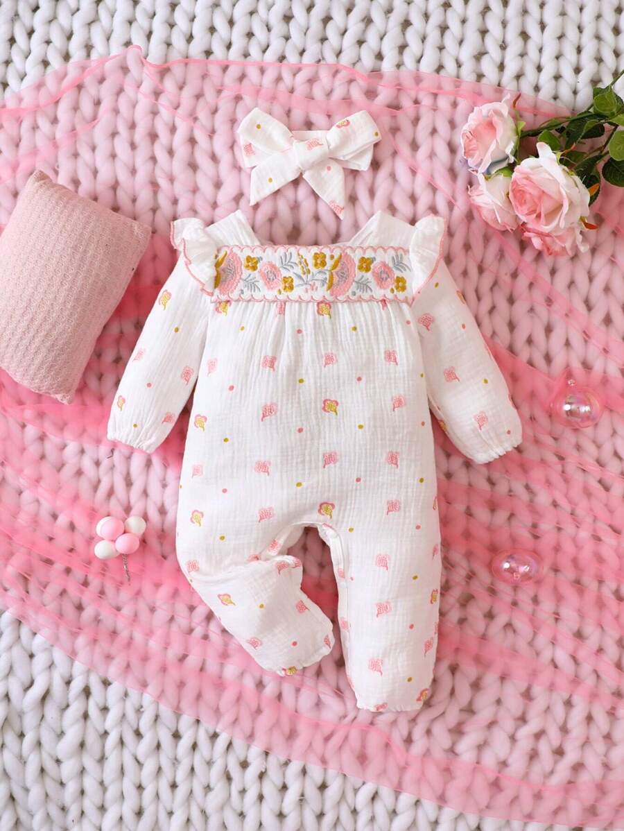 Baby Girl Floral Print Ruffle Trim Jumpsuit & Headband - White - View 1