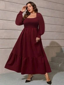 SHEIN LUNE Plus Square Neck Lantern Sleeve Ruffle Hem Dress - Burgundy - View 1