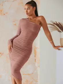 SHEIN BAE One Shoulder Ruched Mesh Bodycon Dress - Dusty Pink - View 1