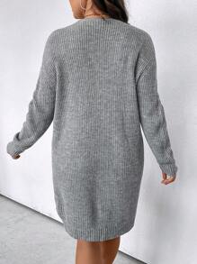 SHEIN Clasi Plus Drop Shoulder Zip Half Placket Sweater Dress, For Winter - Light Grey - View 2