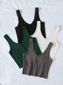 Breezaya Áo ba lỗ cổ chữ V phối gân màu trơn dành cho nữ, dễ mặc, đa năng - Nhiều màu - Xem 4