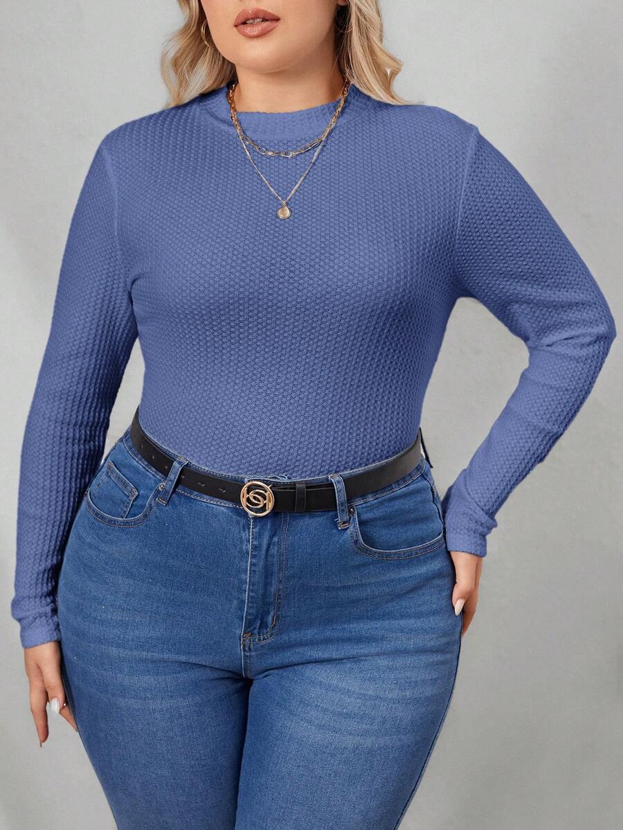 SHEIN LUNE Hơn Chất rắn Cổ giả Áo thun - Xanh đậm - Xem 1