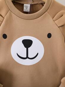 SHEIN 小男孩卡通图案插肩袖 3D 耳朵设计保暖衬里运动衫和运动裤熊睡衣棕色婴儿睡衣 - 棕色 - 查看 5