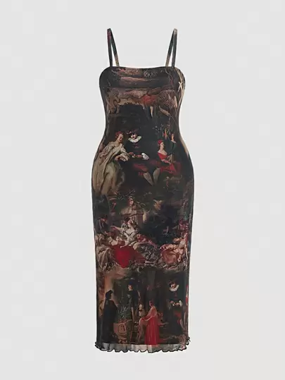 SHEIN MOD Plus Figure 图案生菜边饰网眼吊带连衣裙，夏季