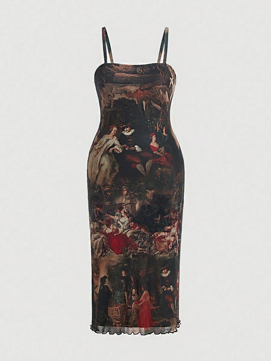 SHEIN MOD Plus Figure 图案生菜边饰网眼吊带连衣裙，夏季 - 棕色 - 查看 1