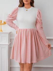 SHEIN Privé Hơn Bản in Gingham Tay áo Đầm - Hồng - Xem 1