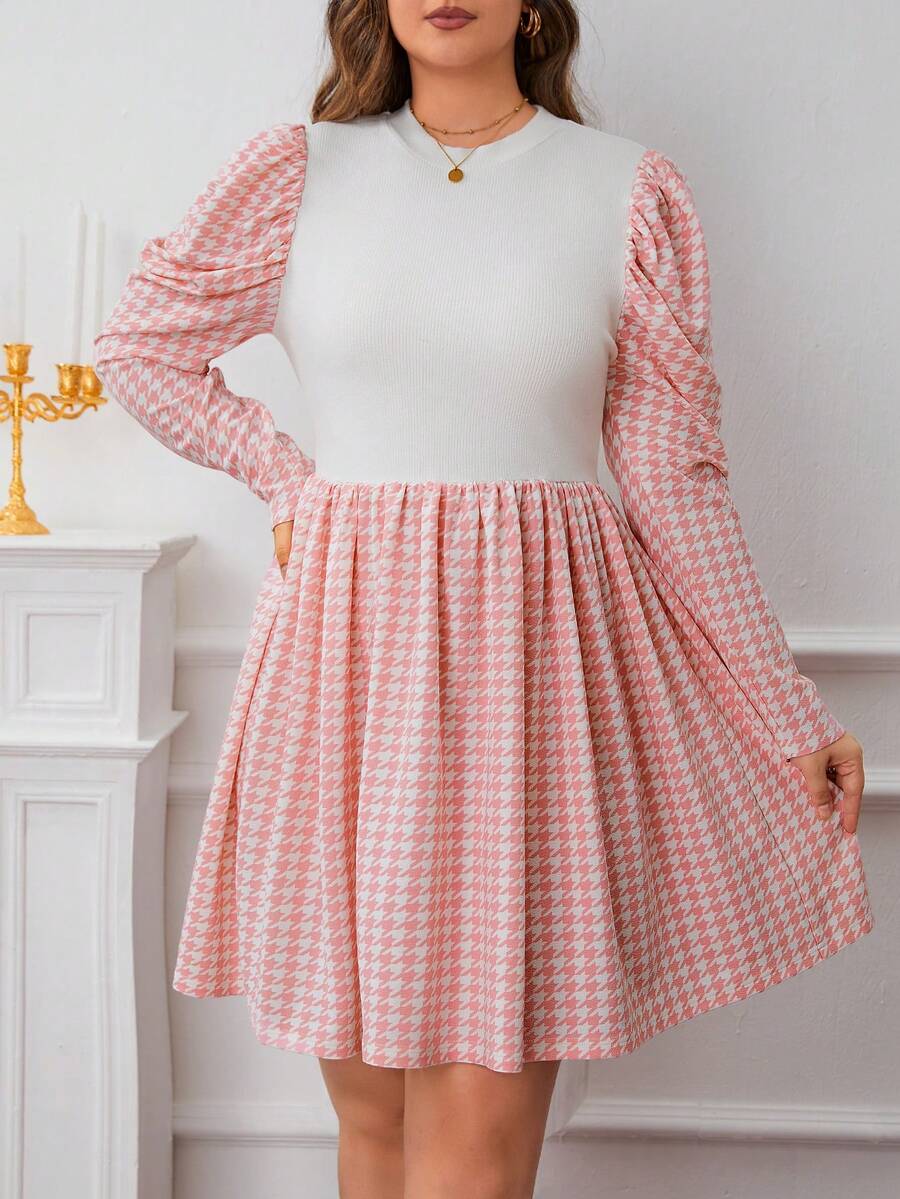SHEIN Privé Hơn Bản in Gingham Tay áo Đầm - Hồng - Xem 1
