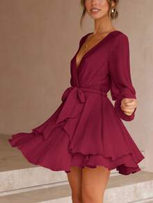 素色多層下擺圍裹繫腰帶洋裝 - 酒紅色 - 查看 3