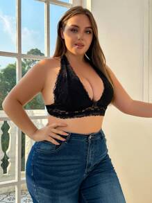 Plus Floral Lace Halter Bralette - Black - View 3