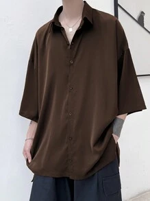 Manfinity Hypemode 男士寬鬆純色下垂肩襯衫 - 咖啡棕 - 查看 4