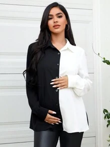 SHEIN Maternidad Blusa de dos tonos con botón delantero - Blanco y Negro - Ver 1