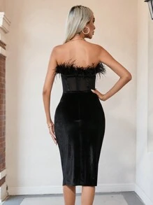 SHEIN Privé Fuzzy Trim Mesh Insert Tube Bodycon Dress - Black - View 2