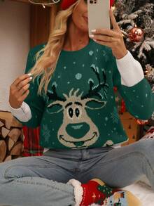 SHEIN LUNE Weihnachten Pullover mit Elchmuster und Kontrastbesatz - Grün - Übersicht 6
