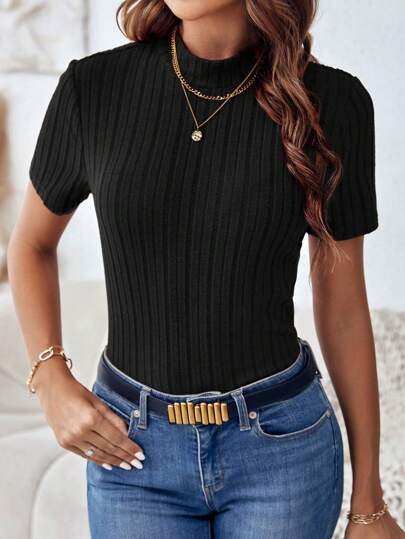 SHEIN Clasi 纯色高领罗纹修身针织T恤