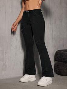 SHEIN EZwear Flap Pocket Flare Leg Jeans - Black - View 4