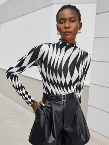 Maija Mock Neck Geo Print Top - Black and White - View 1