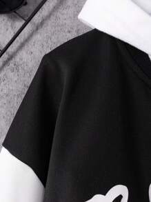 青少年男孩字母圖案雙色學院風夾克無連帽衫 - 黑色 - 查看 5