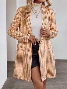 SHEIN Privé Gingham Print Double Breasted Blazer - Khaki - View 5