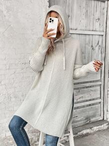 LanaWest Batwing Sleeve Drawstring Hooded Split Hem Sweater,Ladies Late Fall Casual Drawstring,Split Long Sleeve Loose Light Grey Batwing Sleeve Pullovers Women Sweaters,Long Sleeve Tops Knit Pullover Fall Winter Outfit - Light Grey - View 6