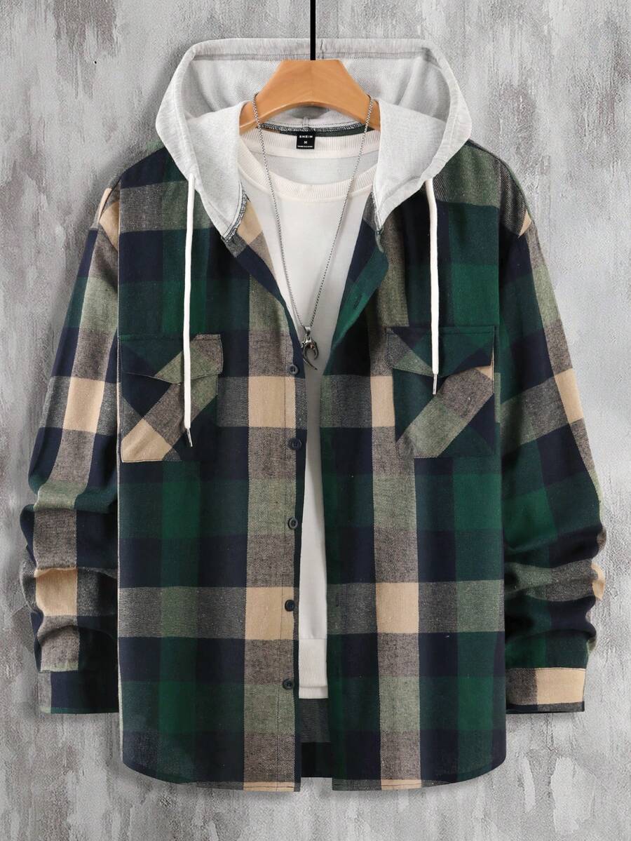 Manfinity Homme Men's Loose Fit Plaid Print Hooded Shirt Without Tee, Drawstring Detail - Green - View 1