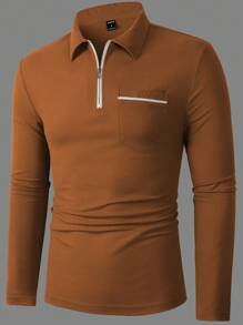 Manfinity Men Quarter Zip Polo Shirt - Brown - View 3
