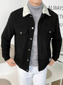 Manfinity VCAY Men Borg Collar Flap Detail Corduroy Jacket, For Fall Winter - Black and White - View 1