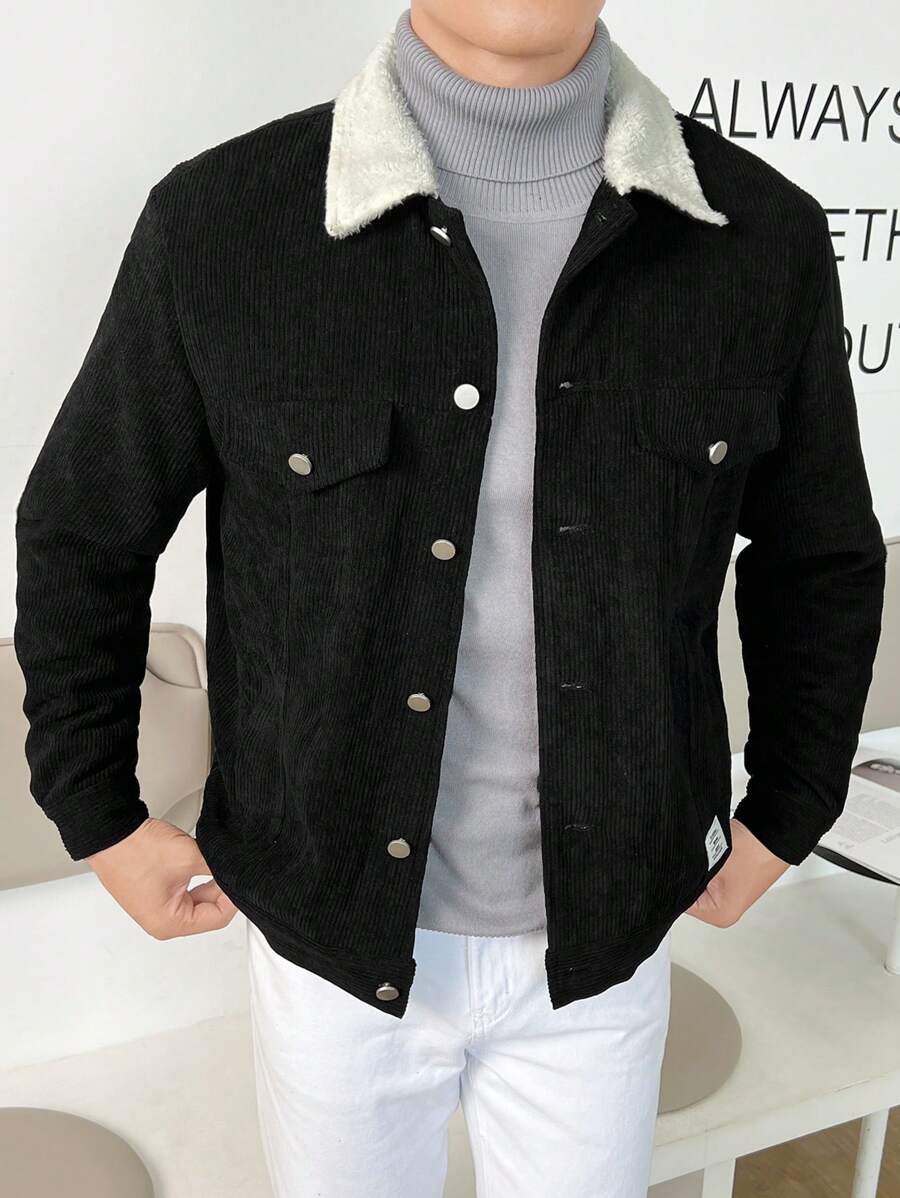 Manfinity VCAY Men Borg Collar Flap Detail Corduroy Jacket, For Fall Winter - Black and White - View 1