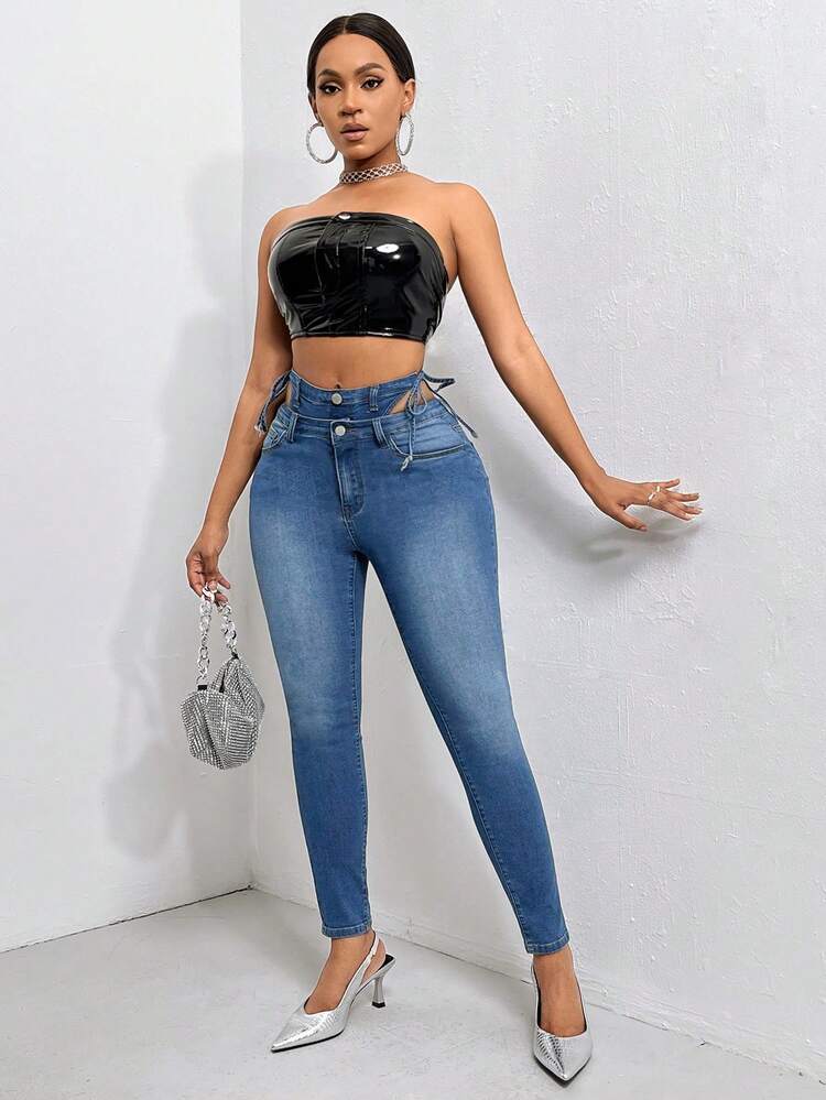 High Waist Knot Side Cut Out Skinny Jeans