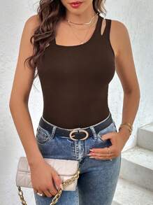 SHEIN Essnce Cut Out Asymmetrical Neck Top - Coffee Brown - View 4
