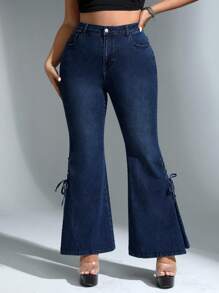 SHEIN ICON 大碼側邊綁帶牛仔喇叭褲 - 藍色 - 查看 4