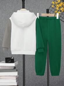 SHEIN Young Boy Letter Graphic Colorblock Hoodie & Sweatpants Without Sweatshirt - Dark Green - View 2