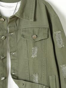 男大童破洞抽鬚翻蓋細節牛仔夾克不帶T恤 - 軍綠色 - 查看 5