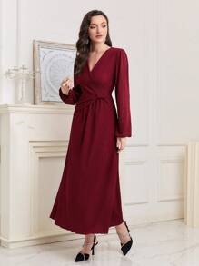 Modelyn Solid Surplice Neck Wrap Detail A-line Dress - Red - View 5