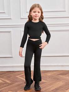 SHEIN Young Girl Solid Cut Out Side Active Set - Black - View 5