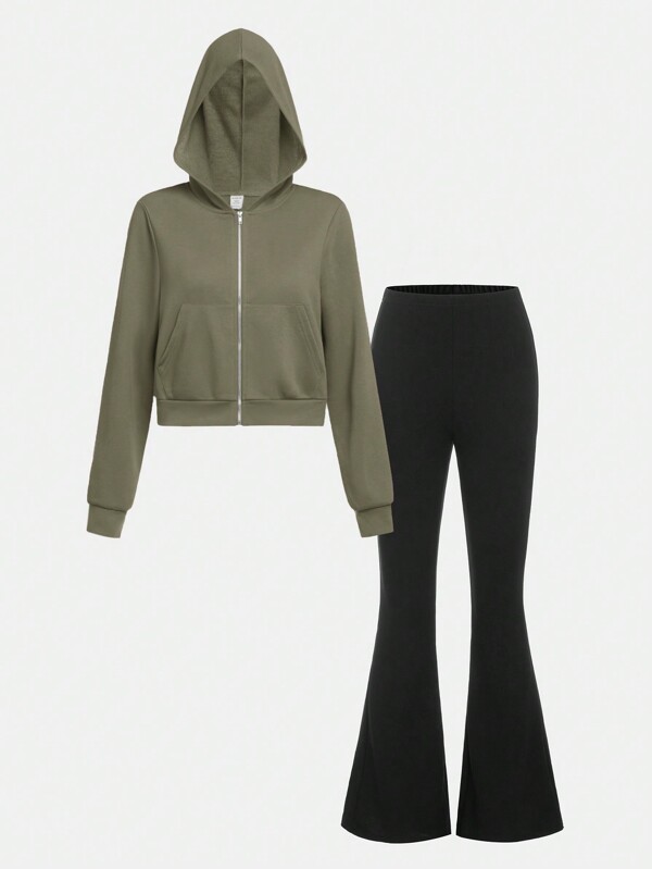 SHEIN Teen Girl Zip Up Hoodie & Flare Leg Pants