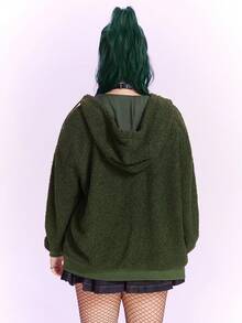 The Powerpuff Girls | ROMWE 加肥版字母及卡通刺繡拉鍊束繩連帽外套 - 軍綠色 - 查看 3