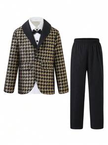SHEIN Cậu bé Tween 1 Miếng In Houndstooth Khăn quàng Áo vest & 1 Miếng Quần tây & 1 Miếng Nơ Áo sơ mi - Đen và trắng - Xem 1