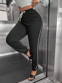 SHEIN SXY Contrast Piping Drawstring Waist Sweatpants - Black and White - View 1