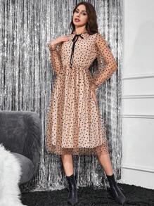 SHEIN Clasi Cà vạt tay áo lá sen In Toàn bộ Váy lưới che phủ - Màu Khaki - Xem 5