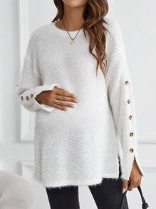 SHEIN Thai sản Chi tiết Nút Thả vai Viền chia cắt Áo thun - trắng - Xem 3