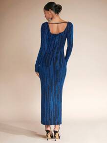 SHEIN BAE Square Neck Glitter Bodycon Dress - Blue - View 2