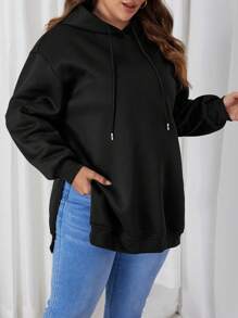 SHEIN 孕婦大碼連帽衫帶開衩和抽繩細節 - 黑色 - 查看 5