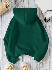 SHEIN EZwear Plus Letter Graphic Kangaroo Pocket Drawstring Thermal Hoodie - Dark Green - View 2