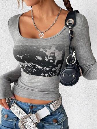 圖案印花大圓領短款T恤