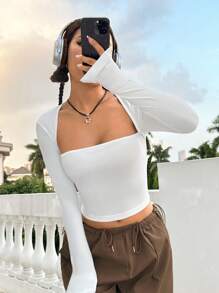 SHEIN Unity Camiseta unicolor cuello Reina Ana puño con abertura - Blanco - Ver 4