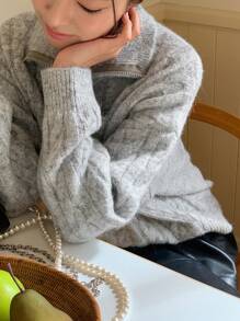 DAZY Quarter Zip Drop Shoulder Cable Knit Sweater - Light Grey - View 4
