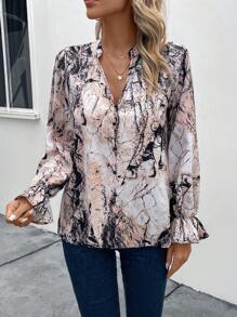EMERY ROSE Marble Print Flounce Sleeve Blouse - Apricot - View 3