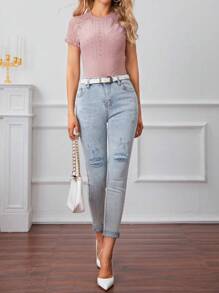 SHEIN Frenchy Contrast Lace Raglan Sleeve Tee - Dusty Pink - View 4